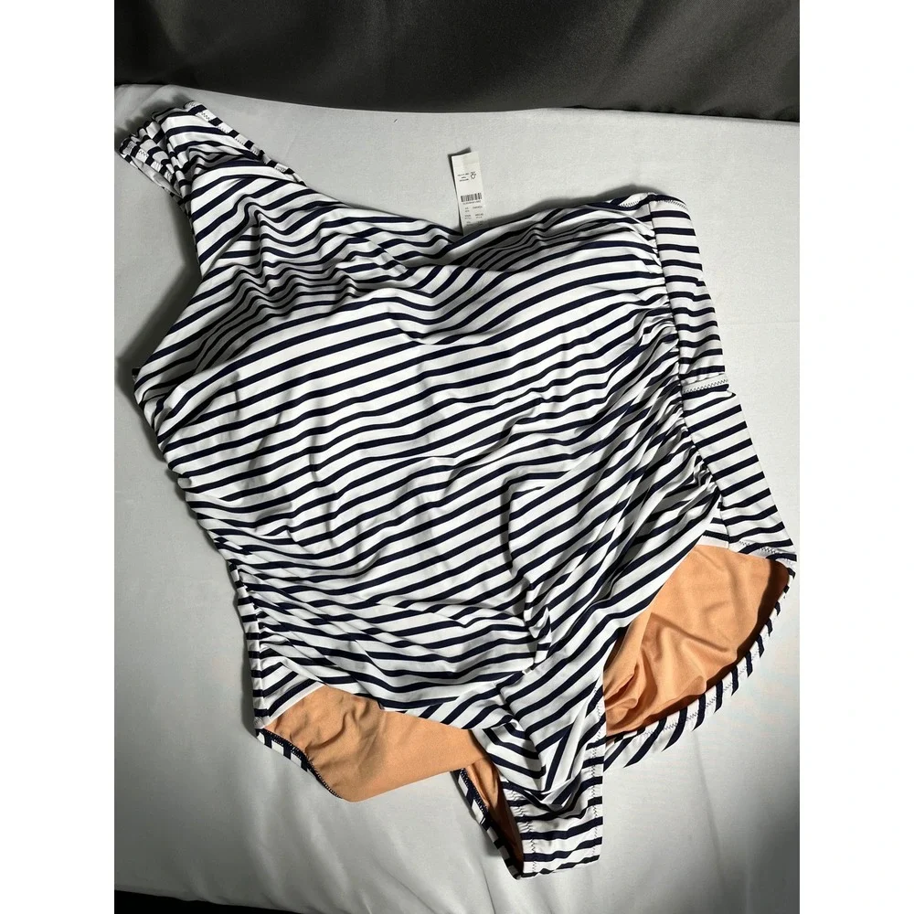 J.Crew Re-Imagined‎ One-Shoulder Ruched One-Piece Swimsuit Navy White Stripe 24